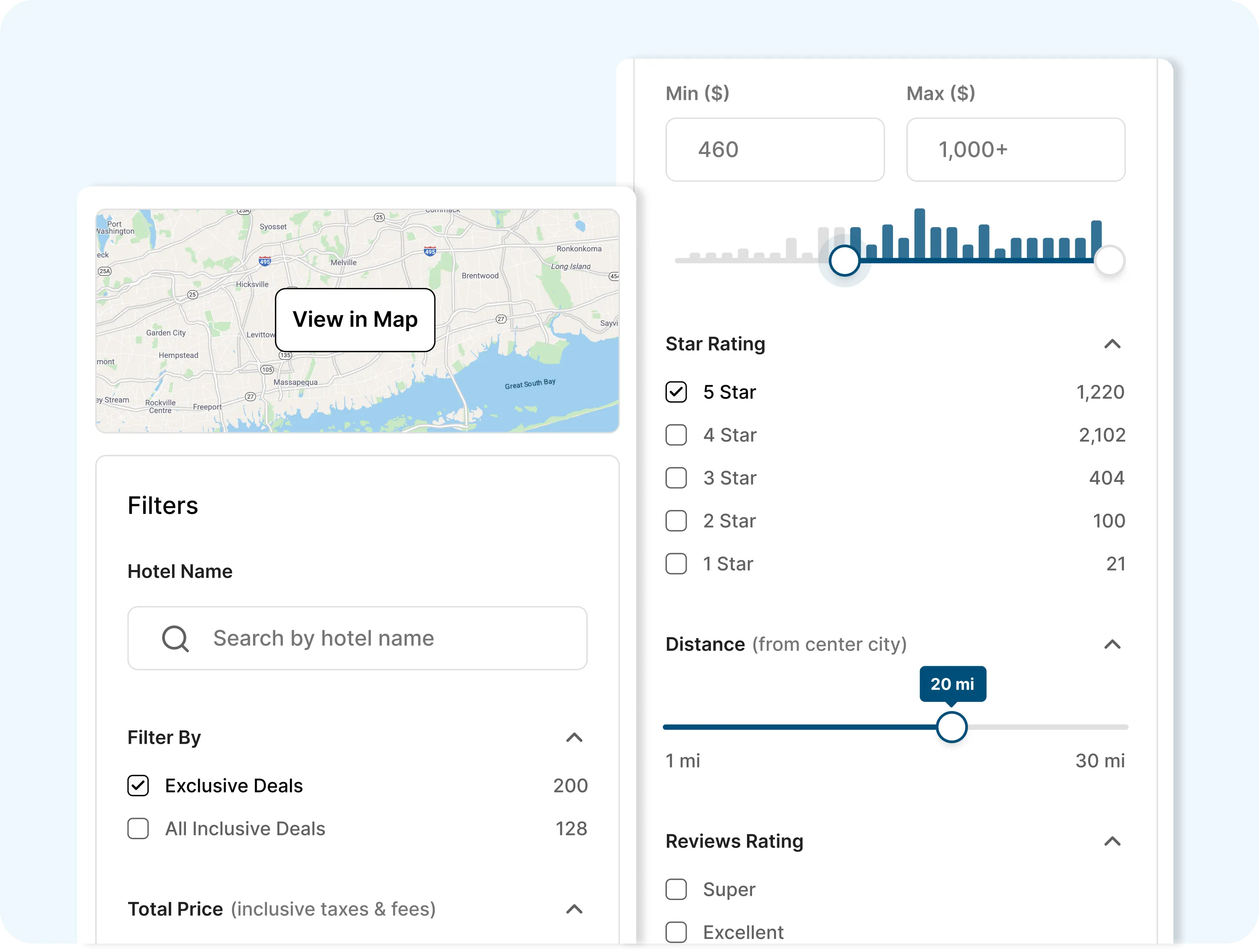 Hotel search results with filters sidebar