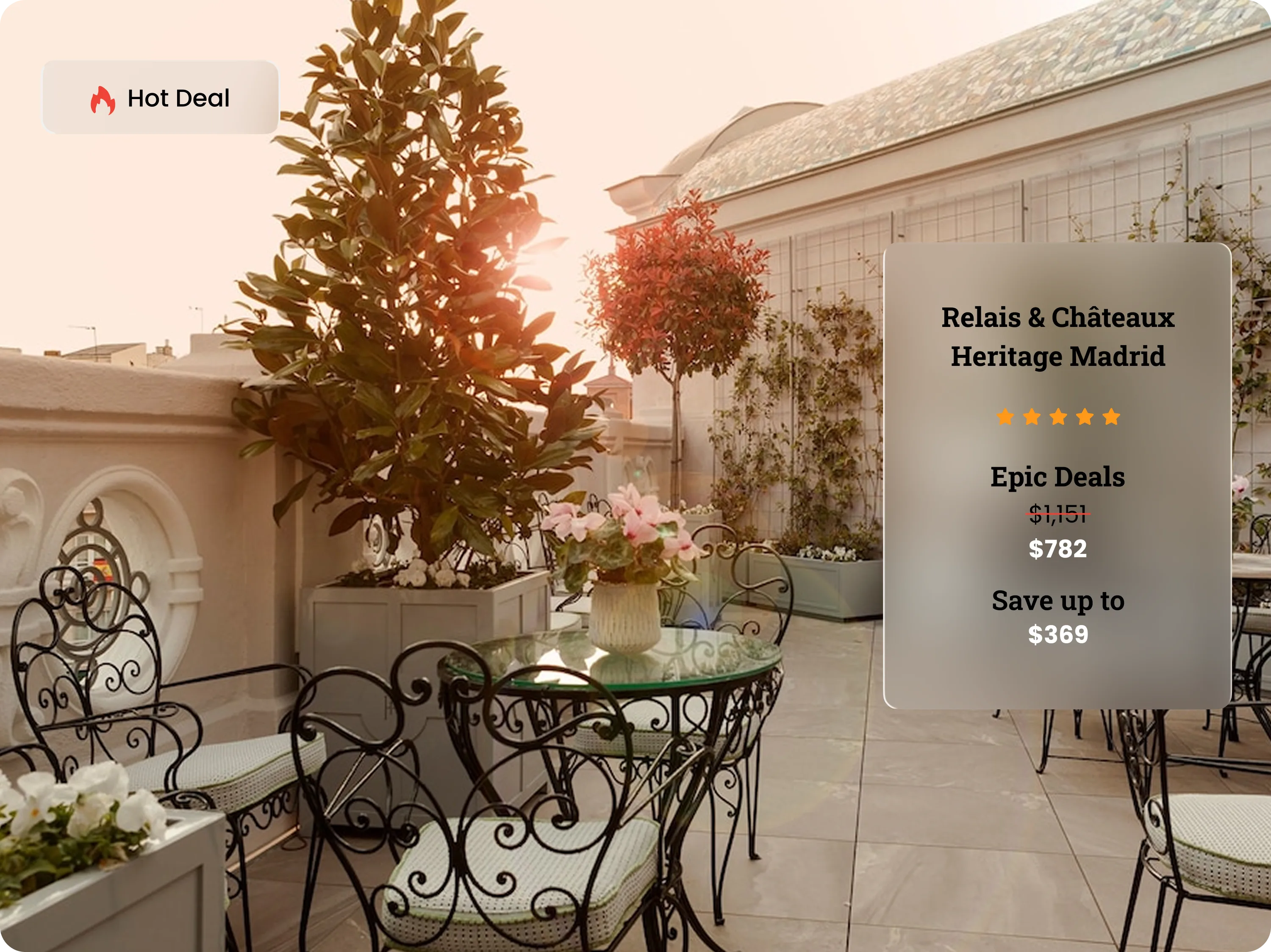 Luxury hotel terrace with Xeni booking overlay card